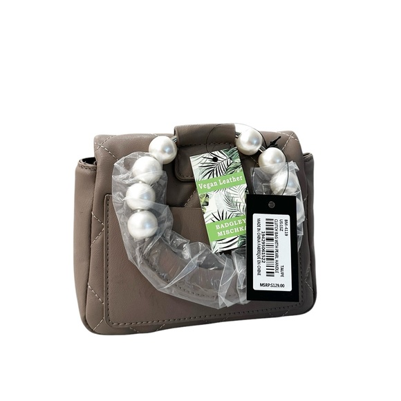 NWT Badgley Mischka Clutch Bag with Pearl Handle Crossbody Taupe - Picture 3 of 6